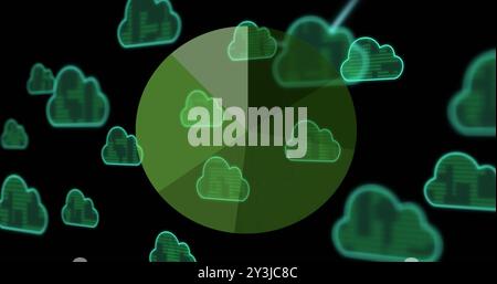 Image of data processing wheel with blue cloud icons transferring on black background Stock Photo