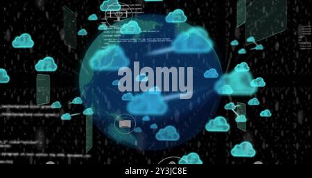 Image of globe and processing data with cloud icons transferring data on black background Stock Photo