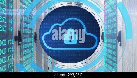 Image of circular scanner with cloud and padlock icons and data over server room Stock Photo