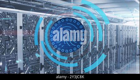 Image of biometric fingerprint scanner processing and network over server room Stock Photo