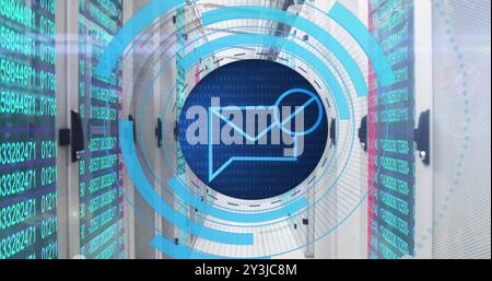 Image of circular scanner processing blocked mail message data over network server room Stock Photo