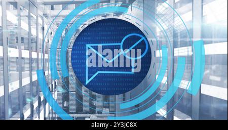 Image of circular scanner processing blocked mail message data over network server room Stock Photo