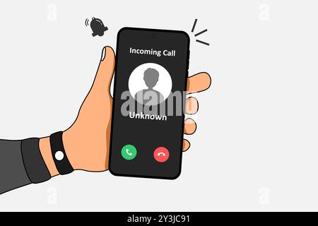 Hand holding a smartphone with incoming call from unknown number on the screen. Spammer incoming call concept. Vector illustration. Stock Vector