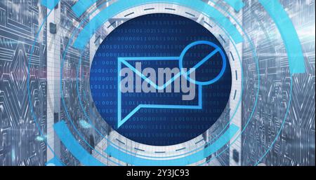 Image of circular scanner processing blocked mail message data over network server room Stock Photo