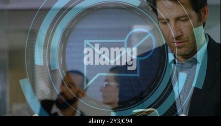 Image of scope scanning and envelope over caucasian man using smartphone Stock Photo