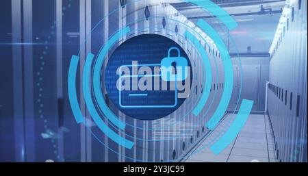 Image of circular scanner processing bank card with padlock icon over server room Stock Photo