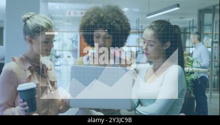 Image of financial data processing over diverse colleagues discussing work in office Stock Photo