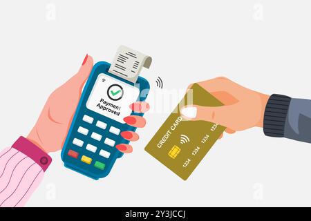 Customer making contactless payment using a credit card at the payment terminal. Vector illustration. Stock Vector