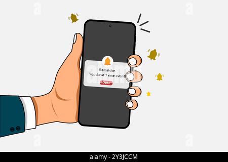 Businessman holding a mobile phone with reminder notifications page on screen. New event notice message on mobile phone. Vector illustration. Stock Vector