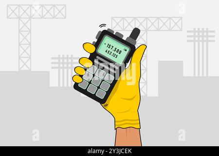 Worker hand with yellow protective gloves holding a walkie talkie at a construction site. Vector illustration. Stock Vector