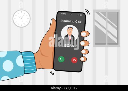 Hand holding a smartphone with incoming call from Boss at night after business hours. Right to disconnect concept. Vector illustration. Stock Vector