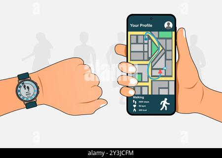 Left hand with smart watch and right hand holding a smartphone with fitness tracker app to count steps. Exercise progress or fitness tracking concept. Stock Vector