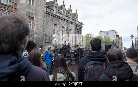 Edinburgh, Scotland, UK. 13 September 2024. Filming activity around The Canongate in Royal Mile for the upcoming film Frankenstein in the city centre Stock Photo