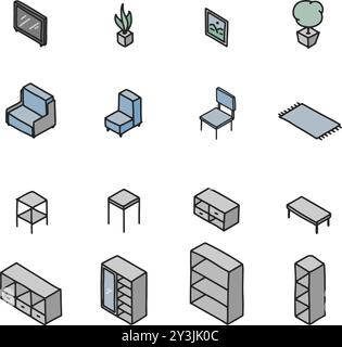 Hand Drawn Doodle of Living room furniture set. Chair, Sofa, table, television and plant. Isometric Drawing Vector. Stock Vector