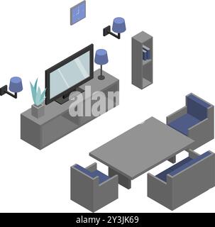 Living room idea. Set of chairs with table and the television on the shelf with lamps. Isometric Drawing Vector. Stock Vector