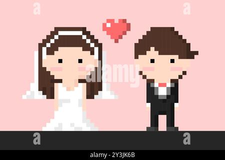 Man and Woman Couple in wedding dress and suit, bride and groom Icon, Pixel 8 bit style Stock Vector