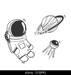 Vector illustration. Astronaut, rocket and the moon in doodle style. Space related objects on white background. Stock Vector