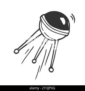 First Earths satellite Sputnik, outline doodle vector illustration isolated on white background. Hand drawn artificial satellite Stock Vector