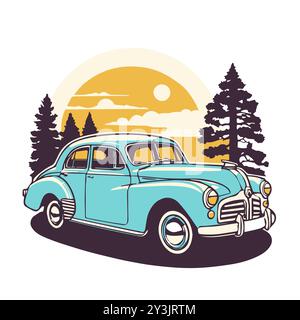 Glossy turquoise retro car on sunset, vintage sticker isolated on white Stock Vector