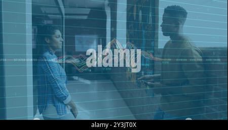 Financial data graph image over diverse people discussing in office hallway Stock Photo