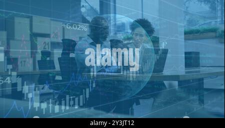 Image of financial data processing over diverse business people using laptop Stock Photo