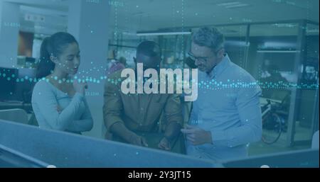 Image of financial data processing over diverse business people using laptop Stock Photo