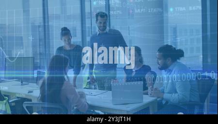 Image of financial data processing over diverse business people using laptop Stock Photo