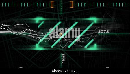 Image of data processing and connections on black background Stock Photo