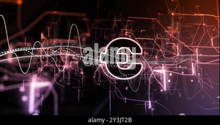 Image of euro sign, data processing and connections on black background Stock Photo