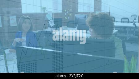 Image of financial data processing over diverse business people in office Stock Photo