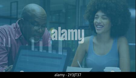 Image of financial data processing over diverse business people in office Stock Photo