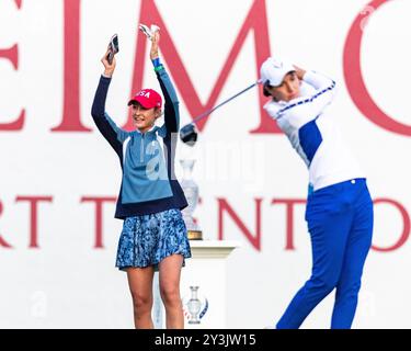 Gainesville, Va, USA. 14th Sep, 2024. Team Europe's CARLOTA CIGANDA prepares to tee off on the first tee for Day two of the 2024 Solheim Cup while Team USA's NELLY KORDA fires up the crowd. (Credit Image: © Robert Blakley/ZUMA Press Wire) EDITORIAL USAGE ONLY! Not for Commercial USAGE! Credit: ZUMA Press, Inc./Alamy Live News Stock Photo