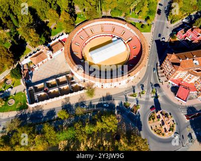 Bullring or plaza de toros building aerial panoramic view in Antequera. Antequera is a city in the province of Malaga, the community of Andalusia in S Stock Photo