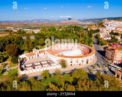 Bullring or plaza de toros building aerial panoramic view in Antequera. Antequera is a city in the province of Malaga, the community of Andalusia in S Stock Photo