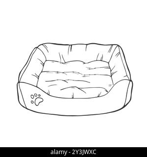 Soft bed for a dog or cat. Accessories for pets drawn by lines. An element from a set of doodles drawn by hand. Isolated illustration on a white backg Stock Vector