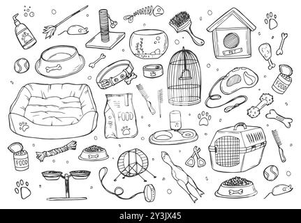 Hand drawn doodle Pets stuff and supply icons set. Vector illustration. Vet symbol collection. Cartoon dogs and cats care elements: kennel, leash, foo Stock Vector