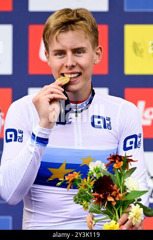 Hasselt, Belgium. 14th Sep, 2024. Norvegian Felix Orn-Kristoff pictured on the podium after the Men's Junior Road Race at the European Championship 2024, in Hasselt, Saturday 14 September 2024. The UEC Road European Championships 2024 will take place from 11 to 15 september in Limburg, Belgium. BELGA PHOTO DIRK WAEM Credit: Belga News Agency/Alamy Live News Stock Photo