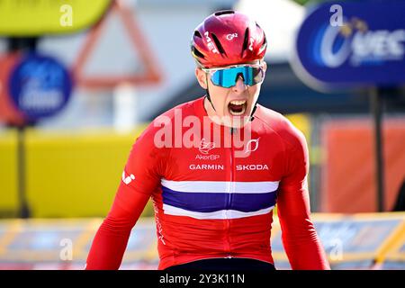 Hasselt, Belgium. 14th Sep, 2024. Felix Ørn-Kristoff pictured during the Men's Junior Road Race at the European Championship 2024, in Hasselt, Saturday 14 September 2024. The UEC Road European Championships 2024 will take place from 11 to 15 september in Limburg, Belgium. BELGA PHOTO DIRK WAEM Credit: Belga News Agency/Alamy Live News Stock Photo