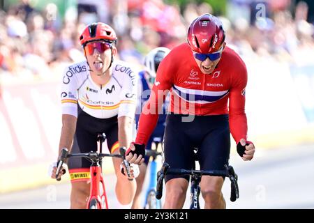 Hasselt, Belgium. 14th Sep, 2024. Norvegian Felix Orn-Kristoff celebrates after winning the Men's Junior Road Race at the European Championship 2024, in Hasselt, Saturday 14 September 2024. The UEC Road European Championships 2024 will take place from 11 to 15 september in Limburg, Belgium. BELGA PHOTO DIRK WAEM Credit: Belga News Agency/Alamy Live News Stock Photo