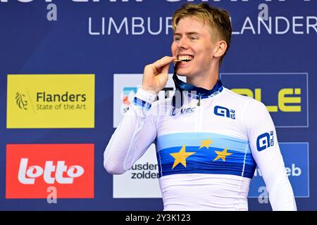 Hasselt, Belgium. 14th Sep, 2024. Norvegian Felix Orn-Kristoff pictured on the podium after the Men's Junior Road Race at the European Championship 2024, in Hasselt, Saturday 14 September 2024. The UEC Road European Championships 2024 will take place from 11 to 15 september in Limburg, Belgium. BELGA PHOTO DIRK WAEM Credit: Belga News Agency/Alamy Live News Stock Photo