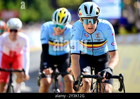 Hasselt, Belgium. 14th Sep, 2024. Matijs Van Strijthem pictured during the Men's Junior Road Race at the European Championship 2024, in Hasselt, Saturday 14 September 2024. The UEC Road European Championships 2024 will take place from 11 to 15 september in Limburg, Belgium. BELGA PHOTO DIRK WAEM Credit: Belga News Agency/Alamy Live News Stock Photo