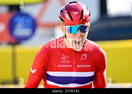 Hasselt, Belgium. 14th Sep, 2024. Norvegian Felix Orn-Kristoff celebrates after winning the Men's Junior Road Race at the European Championship 2024, in Hasselt, Saturday 14 September 2024. The UEC Road European Championships 2024 will take place from 11 to 15 september in Limburg, Belgium. BELGA PHOTO DIRK WAEM Credit: Belga News Agency/Alamy Live News Stock Photo