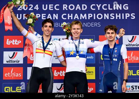 Hasselt, Belgium. 14th Sep, 2024. Hector Alvarez Martinez, Norvegian Felix Orn-Kristoff and Paul Seixas pictured on the podium after the Men's Junior Road Race at the European Championship 2024, in Hasselt, Saturday 14 September 2024. The UEC Road European Championships 2024 will take place from 11 to 15 september in Limburg, Belgium. BELGA PHOTO DIRK WAEM Credit: Belga News Agency/Alamy Live News Stock Photo