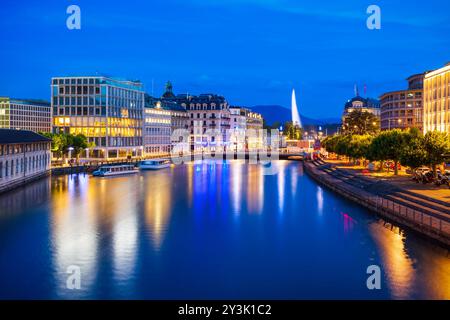 Geneva city centre aerial panoramic view. Geneva or Geneve is the second most populous city in Switzerland, located on Lake Geneva. Stock Photo