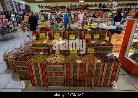 Alanya, Turkey - September 16, 2021: A vibrant display of assorted spices in a Turkish market in Antalya, showcasing a variety of flavors and aromas. Stock Photo