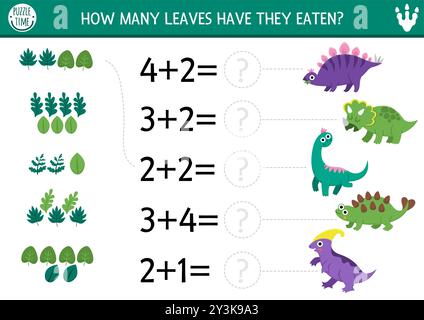 Counting and matching game with cute ancient animals, leaves. Dinosaur math addition activity for preschool kids. Prehistoric printable counting works Stock Vector