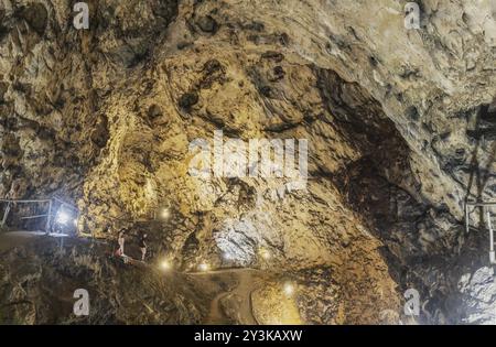 The Hohle Stein cave in the Swabian Alb. Ice age cave in the Achtal valley, site of important archaeological excavations from the Aurignacian period. Stock Photo
