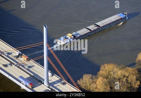 Aerial photo, bridge, Norderelbe, Elbe, barge, bridge damage, Hamburg Stock Photo