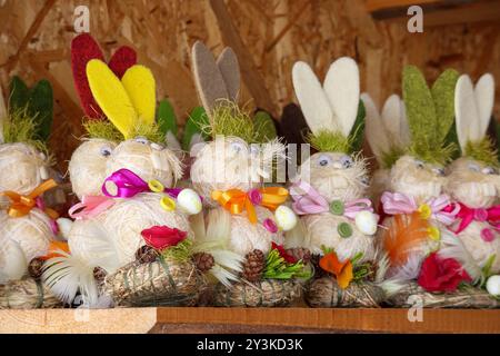 A gorgeous Easter bunny and eggs are made from straw Stock Photo