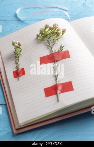 Open notebook with blank pages and white tiny flowers pinned on it, on a blue desk. Women journal. Spring context. Wedding agenda Stock Photo